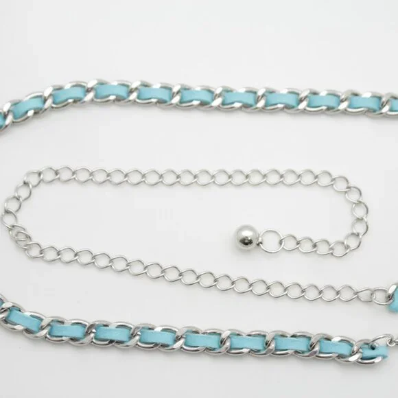 Women Skinny Silver Metal Chain Link Belt Turquoise Blue Waistband Size M L XL - Picture 16 of 17